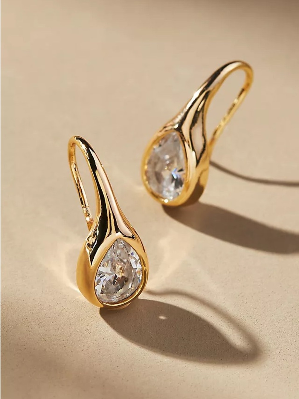 Anthropologie Gold Crystal Teardrop Hook Earrings